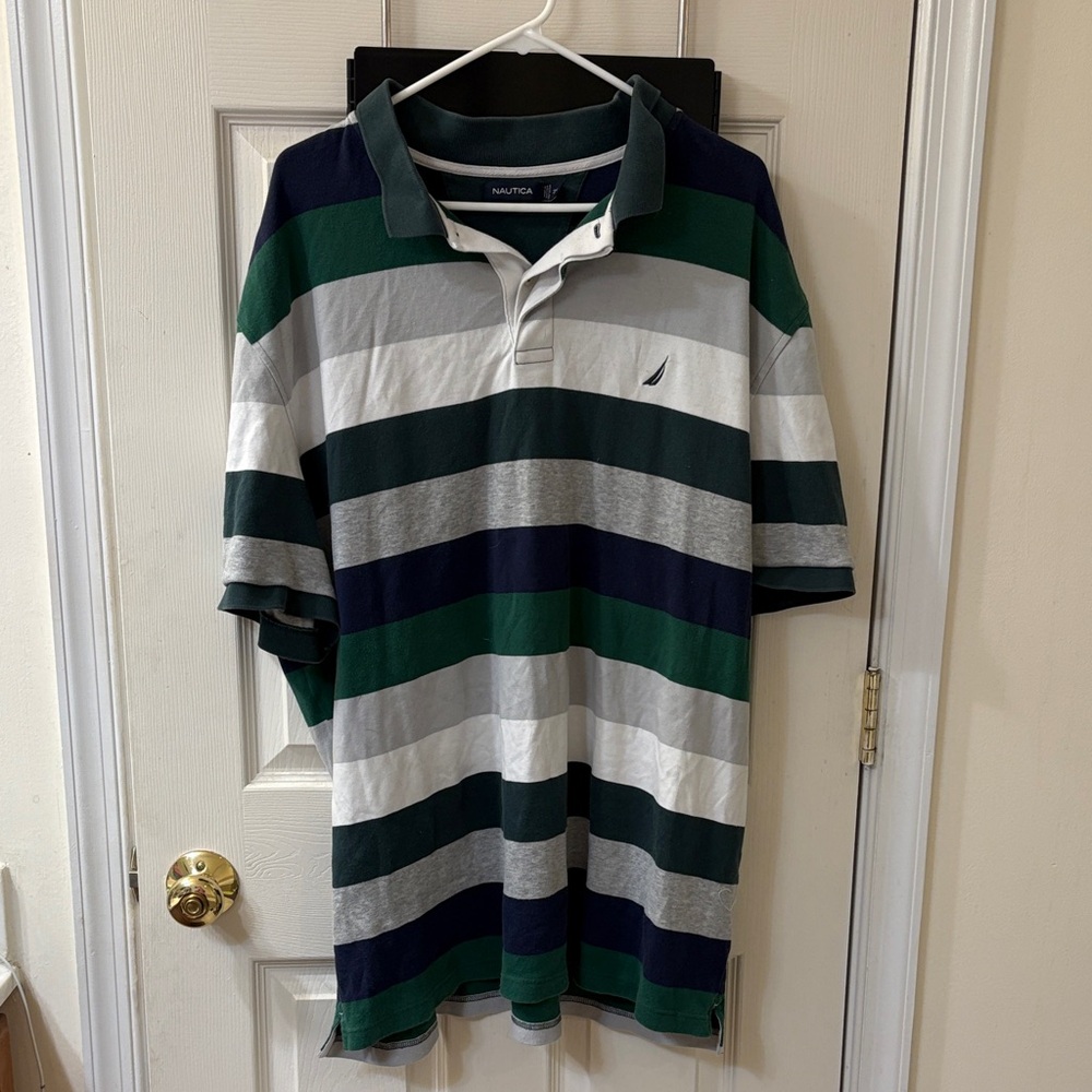 Nautica Men's Polo with Green, Gray, and White Stripes